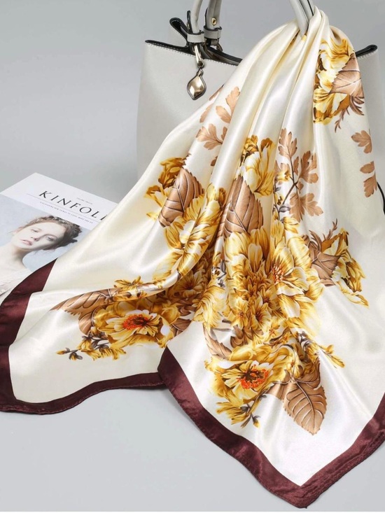Accessories - Cream Satin Floral Scarf with Yellow and Brown Accents